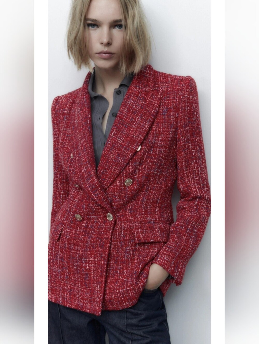 Zara Red Tweed Double-Breasted Blazer with Gold Buttons